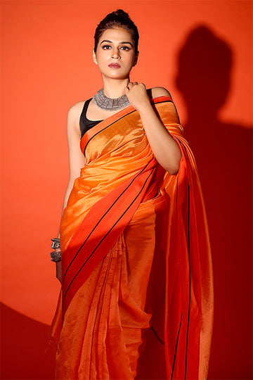 Orange Chanderi Pattu Silk with Mashru Border